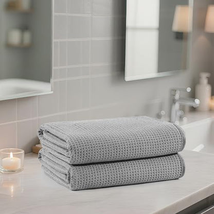 POLYTE 380 GSM Poly Blend Microfiber Quick Dry Waffle Bath Towel, 30x60 in - color: Light Gray