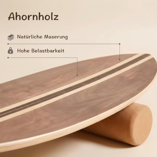 Maple Wood Balance Board with Roller and Half Ball Accessories - Dual-Mode Balance Trainer for Adults, Home Gym & Office Use, Surfboard Shape Design(31.5 x 11.8in) - color: Brown Black
