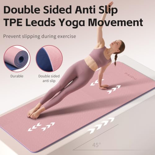 PAIDU Yoga Mat 8mm TPE Non‑Slip Fitness Mat with Strap for Home Workouts - color: Deep Pink&Grey