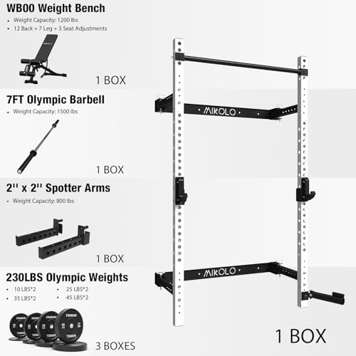 Mikolo 2" x 2" Folding Wall Mounted Squat Rack, 1000 Pounds Capacity Power Rack with Pull Up Bar, J Hooks and Other Attachments, Space-Saving Home Gym - color: White, style: Home Gym Package (230 LBS)