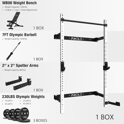 Mikolo 2" x 2" Folding Wall Mounted Squat Rack, 1000 Pounds Capacity Power Rack with Pull Up Bar, J Hooks and Other Attachments, Space-Saving Home Gym - color: White, style: Home Gym Package (230 LBS)