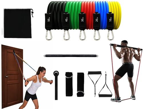 Resistance Bands Set with Steel Bar - 5 Tube Bands, Door Anchor, Handles, Ankle Straps & Carry Bag, Full Body Home Gym Kit