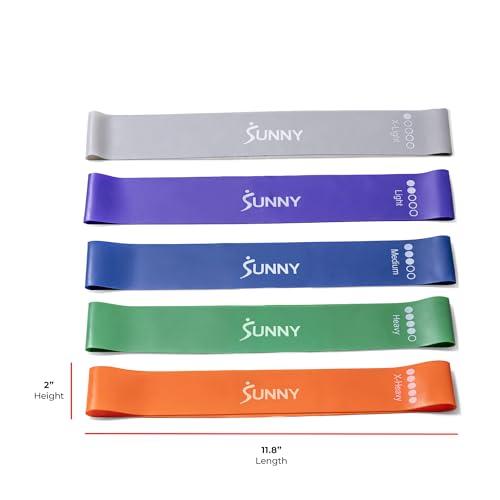 Sunny Health & Fitness Resistance Loop Bands - 5 Levels of Color-Coded Exercise Bands for Legs, Glutes & Strength Training - Portable Snap-Resistant Loop Set for Yoga, Pilates & Mobility