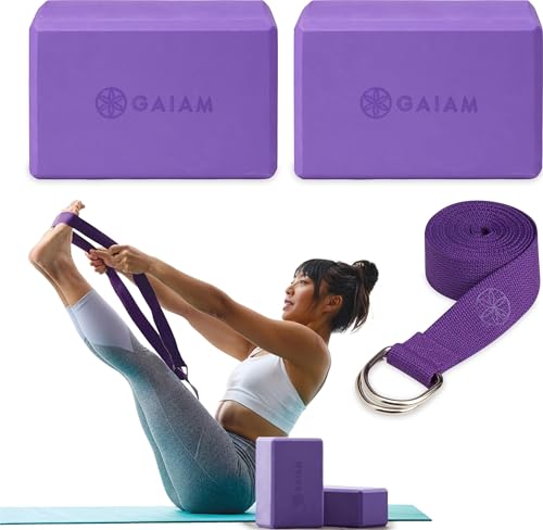 Gaiam Yoga Block - Supportive Latex-Free Eva Foam - Soft Non-Slip Surface with Beveled Edges for Yoga, Pilates, Meditation - color: Deep Purple, style: 2 Blocks W/Strap