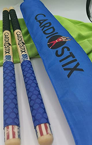 CardioStix 8.5oz Bundle Highest-Weighted Double Grip(1 PAIR) Premium American Hickory Wood Cardio Drum Sticks | Drumming, Fitness, Aerobic Class, Exercises - color: American Flag with Bag