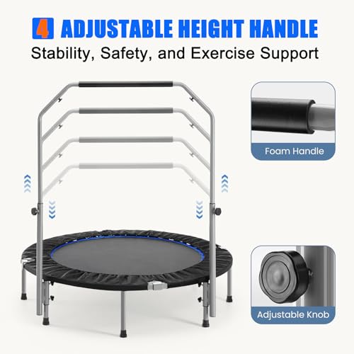 48" Foldable Mini Trampoline for Kids & Adults, Fitness Rebounder with 5-Level Adjustable Foam Handle, Max Load 450 lbs, Indoor/Outdoor Exercise Trampoline for Home Workouts (Silver)