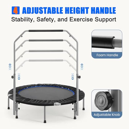 48" Foldable Mini Trampoline for Kids & Adults, Fitness Rebounder with 5-Level Adjustable Foam Handle, Max Load 450 lbs, Indoor/Outdoor Exercise Trampoline for Home Workouts (Silver)
