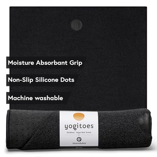 Yogitoes Manduka Yoga Towel for Mat Nonslip and Quick Dry for Hot Yoga with Rubber Bottom Grip Dots 72 Inch Long Onyx Thin and Lightweight (262023001)