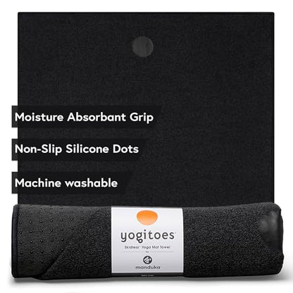 Yogitoes Manduka Yoga Towel for Mat Nonslip and Quick Dry for Hot Yoga with Rubber Bottom Grip Dots 72 Inch Long Onyx Thin and Lightweight (262023001)
