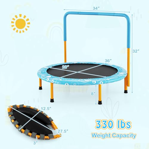 Giantex 36-Inch Mini Trampoline for Kids, ASTM Approved Foldable Rebounder Trampoline with Foamed Handle, Max Loaded 330 lbs, Indoor Safety Padded Fitness Trampoline