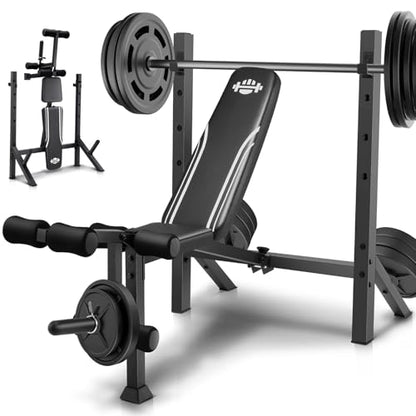 ANCHEER 900LBS Weight Bench Set with Squat Rack, Adjustable Bench Press Set with Leg Extension and Leg Curl, Flat Incline Decline Workout Bench for Home Gym Full Body Strength Training - color: White