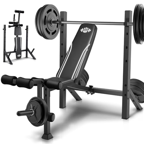 ANCHEER 900LBS Weight Bench Set with Squat Rack, Adjustable Bench Press Set with Leg Extension and Leg Curl, Flat Incline Decline Workout Bench for Home Gym Full Body Strength Training - color: White