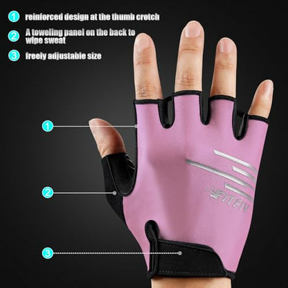 Cycling Gloves for Men and Women, Half Finger Padded Bike Gloves - color: I Light&Pink, size: X-Large