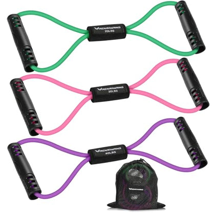 RENRANRING Figure 8 Fitness Resistance Bands with Handles - Exercise Tube Band Set of 3 for Arm and Shoulder Stretch, Rope 8 Word Elastic for Women and Men - color: Green, Pink, Purple