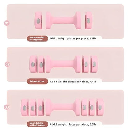 Adjustable Dumbbell Set of 2, 4 in 1 Free Weights for Women with Fast Adjustment, Home Gym & Outdoor Exercise Training, Includes 2.2lb 3.3lb 4.4lb 5.5lb Hand Weights, Compatible with Kettlebells