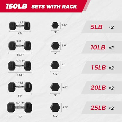 RitFit Rubber Coated Hex Dumbbell Set with Rack, 5-780LB for Home Gym Strength Training, Anti-Slip Knurled Handle, Hexagon Anti-Roll, Heavy-Duty Storage Rack - style: 150 LB Set（5-25LB)