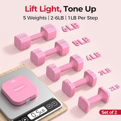 FEIERDUN DB3 5-in-1 Adjustable Dumbbell Set, 6LB/10LB Pair Adjustable Weights for Women at Home, Dual Locking Stable Hand Weights with TPU Soft Handle, Home Gym, Rehab, Pilates, Yoga, Strength Training - color: B-Cute Pink, style: 6LBS Pair (12LBS Total)