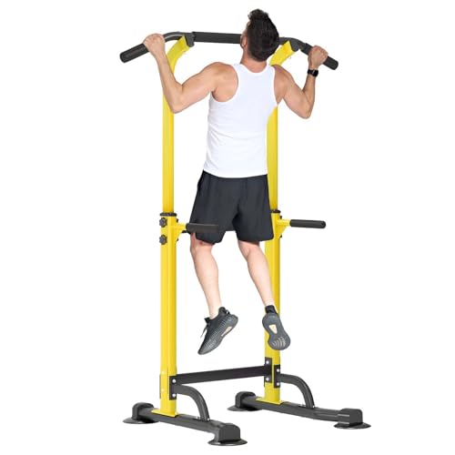 【Adjustable Pull Up Bar & Dip Station】Multifunctional Home Gym Equipment, 10 Height Settings 82.7 Inch, 400LB Capacity Strength Trainer for Men Women, Red & Black Frame