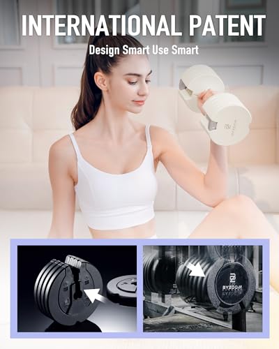 BYZOOM FITNESS Pure Series Adjustable Dumbbell - 12.5/25/27.5/50/55/75lb - ONE UNIT OR PAIR(check QTY before purchase) - 5-in-1/ 10-in-1 / 15-in-1 / 21-in-1 Flexible Hand Weights for Home Apartment Garage Gym, Strength Training & Fitness Workouts, White O