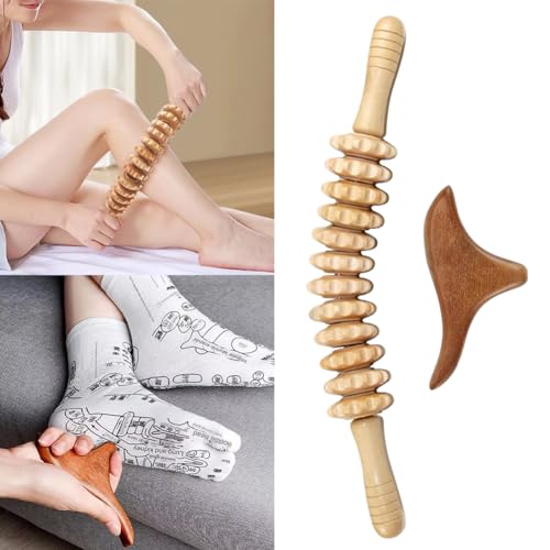 Wooden Massage Roller Stick with Triangle Massager, 12 Rollers Curved Wood Therapy-Massage Tool for Cellulite Reduction and Muscle Tension, 16.9inch