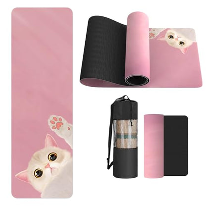 FOLAI Extra Thick Yoga Mat 6mm，pilates mat thick - Non-Slip Exercise Mat for HIIT, Pilates & Home Workouts & Workout with Free Carry Strap - color: pink cat