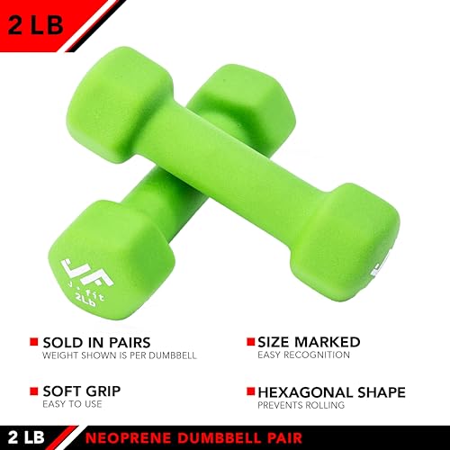 JFIT Dumbbell Pairs or Sets – Neoprene & Vinyl Coated Hand Weights for Home Gym, Strength Training, Aerobics, Cardio Exercise and Fitness - size: 2 lbs (Pair), style: Dumbbell Pair