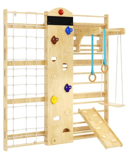 Indoor Climbing Wall, 10-in-1 Swedish Ladder, Indoor Playground for Kids and Adults, Rock Climbing Wall, Wooden Swing Sets, Gymnastic Rings, Wall Ladder, Rope Ladders, Stretching Balanced