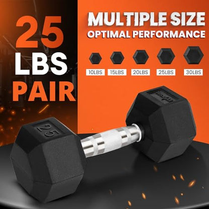 Yes4All Chrome/Rubber Grip Encased Hex Dumbbells – Hand Weights With Anti-Slip 10-30 LBS Pair - color: E. 25lbs - Pair, style: Chrome Grip