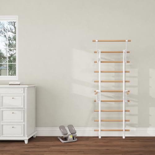 DHT Wood Stall Bar, Swedish Ladder Suspension Trainer with 9 Strategic Rods, for Home, Gym, School and Clinics, White