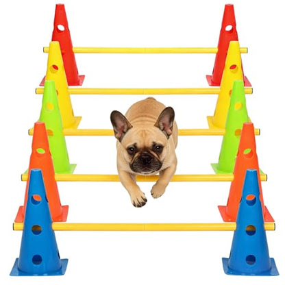Dog Agility Hurdle Cone Set, 10er 12.5Inch Color Agility Cones and 5er 31.5Inch Agility Rods, Equipment Obstacle Course Backyard Equipment for Pet Exercise