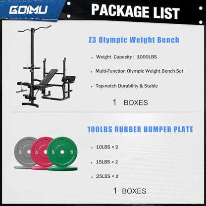 Z3 900LBS Olympic Weight Bench Set with Leg Extension, 9 in 1 Workout Press with Preacher Curl Pad and LAT Pulldown, Strength Training Bench for Home Gym - color: 100lbs Colorful Plates and Bench