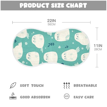 Cute Seal Teal Muslin Burp Cloths 2 Pack - Extra Large 22"x11", 4-Layer Soft Absorbent Cotton, Waterproof Backing, Baby Drool Rags for Newborn