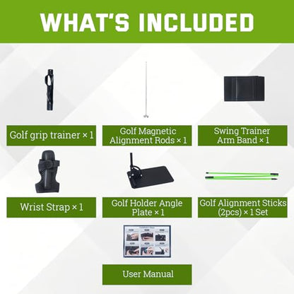 Golf Swing Correction Training Kit – Grip Alignment Trainer, Telescopic Swing Direction Indicator, Wrist & Arm Strap, Foldable Metal Angle Corrector & Dual Folding Alignment Sticks