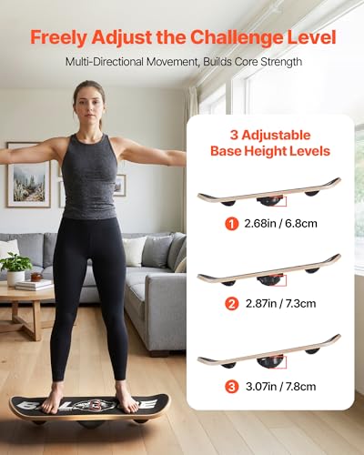 VEVOR Balance Board, Wobble Board Trainer for Adults 3-Level Adjustable Base, Premium Wooden Balance Training Equipment, Slip-Resistant Surface for Core Workout, Standing Desk Exercise, Home Gym, Yoga