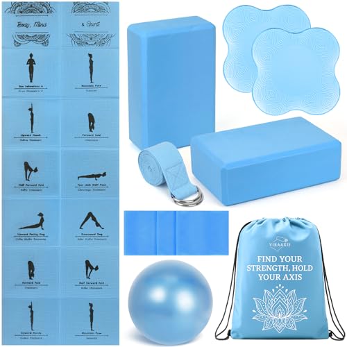 Foldable Yoga Mat and Blocks Set for Women with 2 Pack Yoga Blocks and Strap,Thin Non Slip Pilates Mat with Bag, Home Workout Equipment Essentials Starter Kit for Beginners Full Body Toning - color: Blue