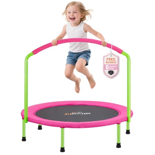 Ativafit 36inch Elastic Band Big Handle Toddler Trampoline for Kids Ages 2-6 Indoor Outdoor Mini Trampoline with Safety Padded Cover Fun for Kids - color: Pink and Green