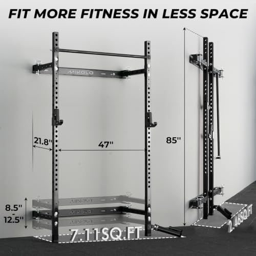 Mikolo 2" x 2" Folding Wall Mounted Squat Rack, 1000 Pounds Capacity Power Rack with Pull Up Bar, J Hooks and Other Attachments, Space-Saving Home Gym - color: Black, style: Squat Rack with Safety Catches