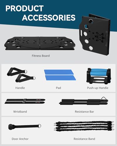Foldable Push up Board, ABS Pushup board with Portable 15 in 1 for Men & Women, Pilates Bar Kit with Latex Resistance Bands, Home Exercise Equipment