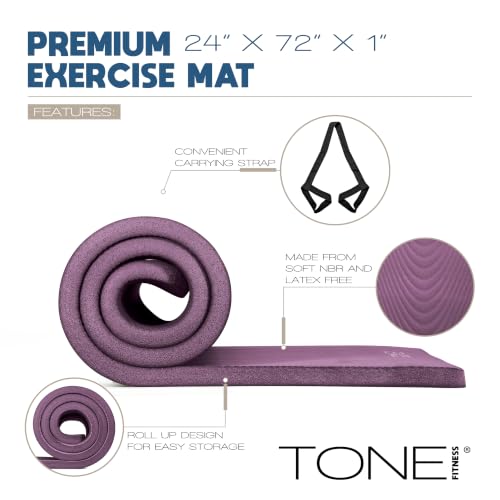 Tone Fitness 1-Inch Thick Yoga Mat | High-Density, Non-slip Exercise Mat with Carrying Strap for Yoga, Pilates, & Home Gym Workouts | Multiple Options
