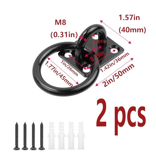 Semetall M8 Ceiling-Wall Mount Hook & Pad Eye Plate - 2Pack Stainless Steel Black Deck Hardware with Screws, Heavy Duty Anchor Rings for Boat Rigging, Yoga Swings, Hammocks & Marine Suspension - size: M8