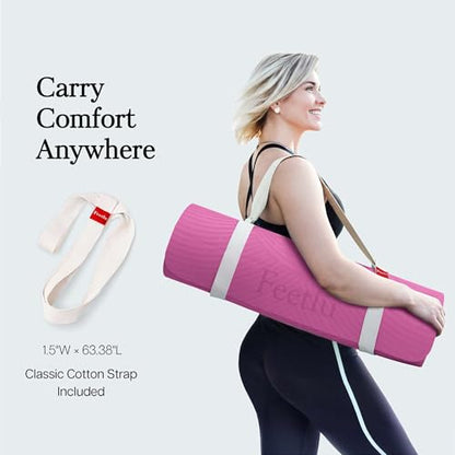 Extra Thick 12mm Exercise Mat – 74"L x 26"W Inch, Non-Slip, Joint-Friendly & Cushioned Fitness Mat for Yoga, Pilates & Floor Workouts – Durable, Supportive & Includes Feetlu Classic Strap