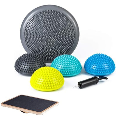 StrongTek Balance Training Set – Wooden Rocker Balance Board + Balance Pods & Wobble Cushion Kit for Core Strength, Rehab & Stability