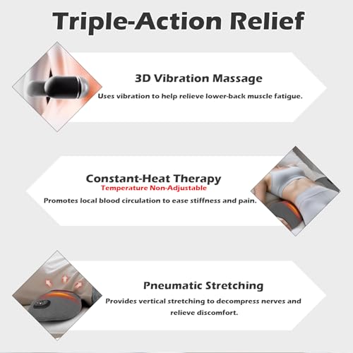 Triple Fusion Back Massager with Heat, Vibration and Traction for Sciatica Pain Relief, 3-in-1 Electric Lumbar Support Pillow Device for Lower Back Pain in Bed, Chair, Couch