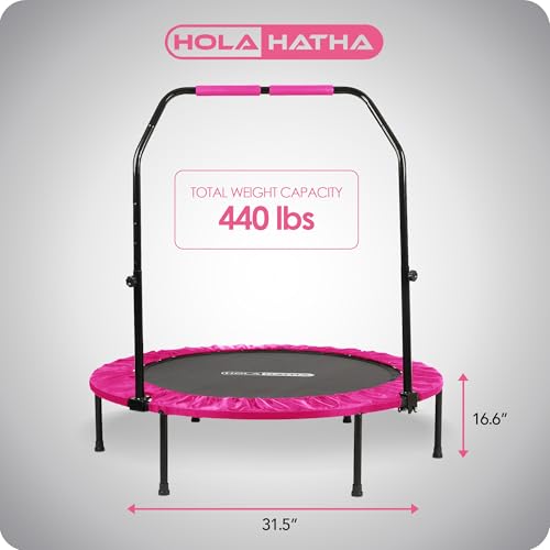 Foldable Mini Trampoline Home Gym Fitness Rebounder with 5 Level Adjustable Handle, Supportive 440 lb Capacity Workout Equipment, 40", Pink