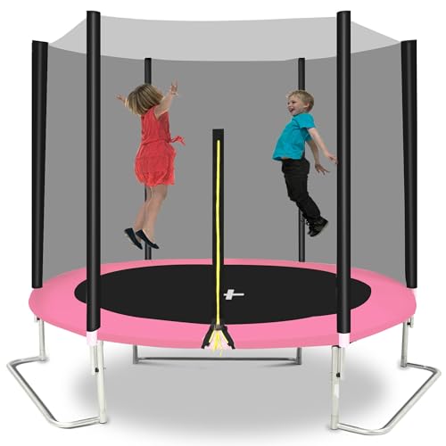 1500LBS 10FT 12FT 14FT 16FT Trampoline for Kids Adults with Basketball Hoop, Enclosure Net, Sprinkler, Lights, Disco Ball with Music Speaker, Heavy Duty Trampoline Outdoor Trampolines - color: Pink - 8 Foot