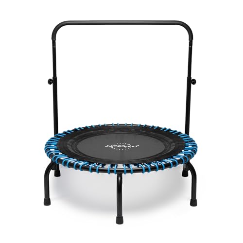 JumSport 350 Series 39" Trampoline & Handle Bar Bundle, 30 Adjustable Bungees, Stable No-Tip Arched Legs, & 60 Day Trial Streaming Video & DVD, Teal