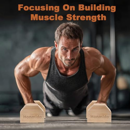 Wooden Parallettes 2 PCS Push Up Stand For Floor Calisthenics Bars Home, Handles Handstand Blocks Beech & Pine Wood Pushup Non-Slip Base Parallel Exercise Equipment For MenTrainers