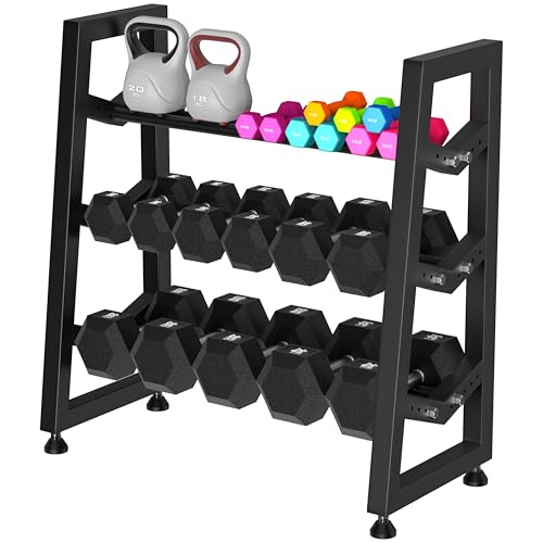 3 Tier Weight Rack for Home Gym Dumbbells, Universal Dumbbell Rack with Adjustable Width Rails, Heavy Duty Angled Storage Stand for Kettlebells & Hand Weights (Rack Only)