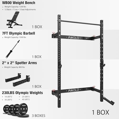 Mikolo 2" x 2" Folding Wall Mounted Squat Rack, 1000 Pounds Capacity Power Rack with Pull Up Bar, J Hooks and Other Attachments, Space-Saving Home Gym - color: Black, style: Home Gym Package (230 LBS)