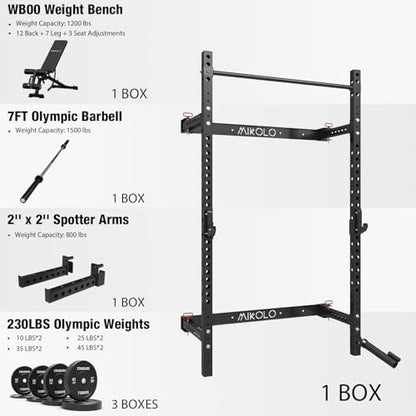 Mikolo 2" x 2" Folding Wall Mounted Squat Rack, 1000 Pounds Capacity Power Rack with Pull Up Bar, J Hooks and Other Attachments, Space-Saving Home Gym - color: Black, style: Home Gym Package (230 LBS)